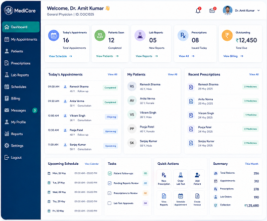 MediCore doctor dashboard showing today's appointments
